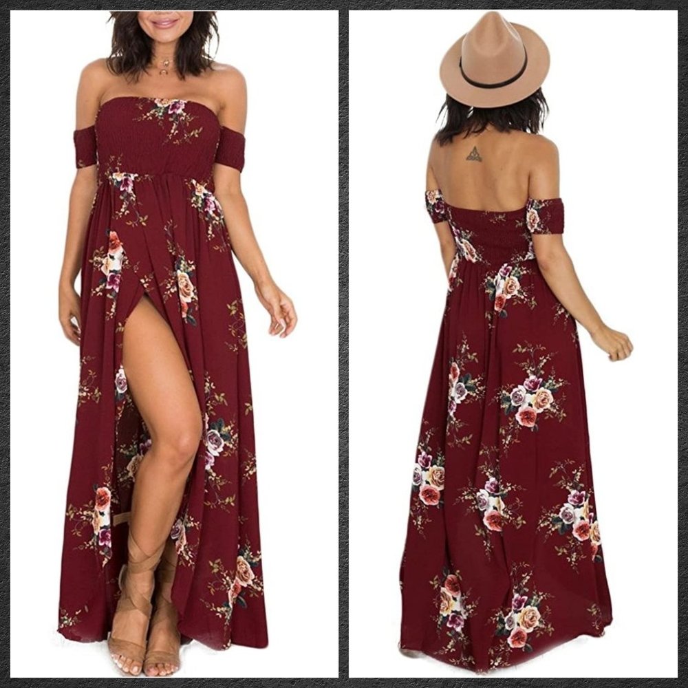 Off The Shoulder Floral Split Chiffon Beach Dress